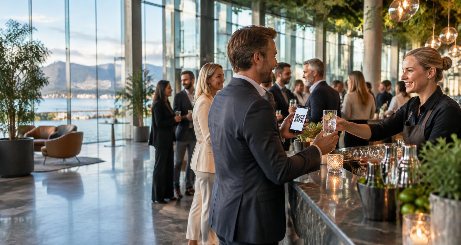 Gjest med QR-bong på telefonen blir servert i en hotellbar under et arrangement
